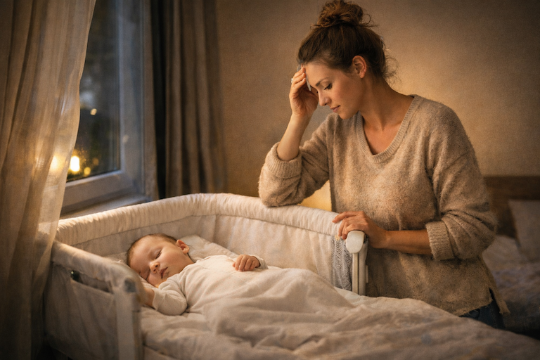 Erschöpfte Mutter steht nachts am Beistellbett neben dem Fenster und schaut auf ihr schlafendes Baby in ruhiger, gedämpfter Atmosphäre