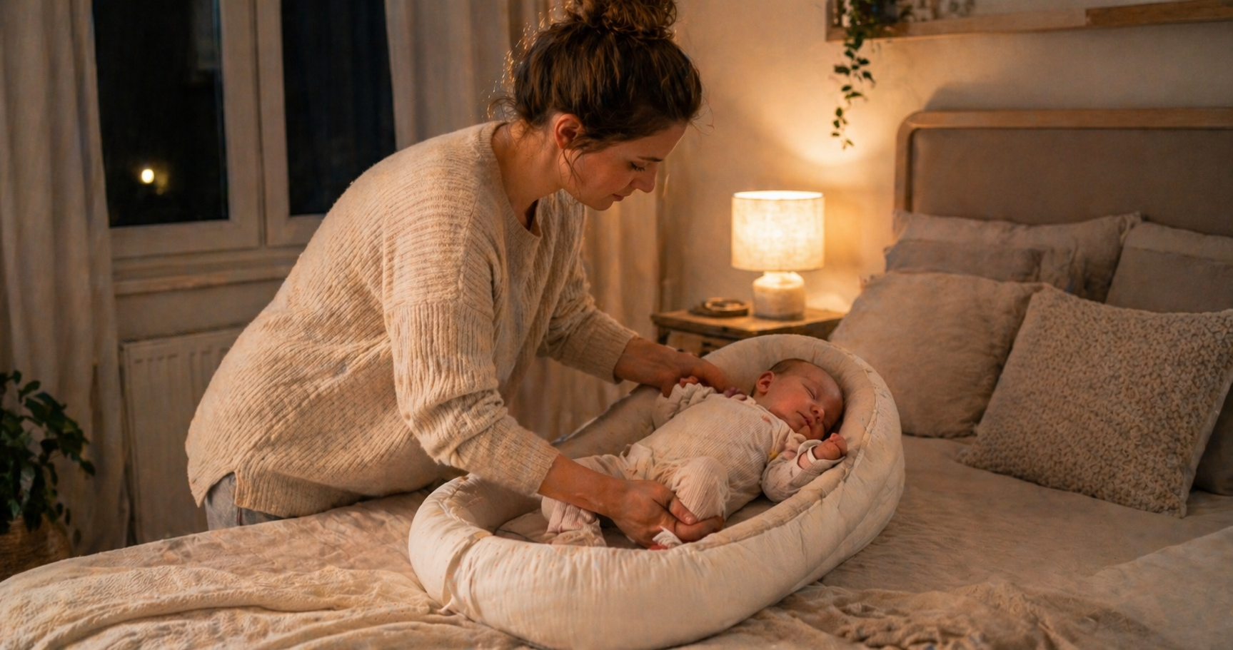 Erschöpfte Mutter steht nachts am Beistellbett neben dem Fenster und schaut auf ihr schlafendes Baby in ruhiger, gedämpfter Atmosphäre