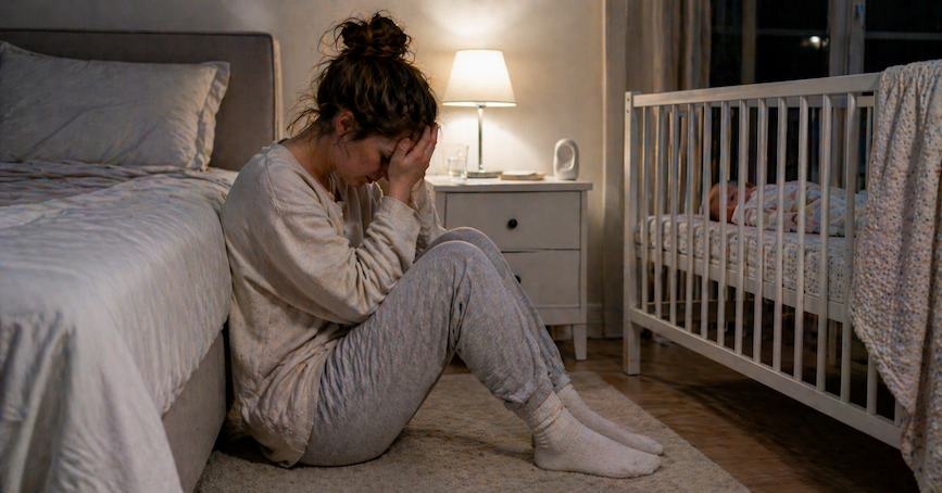 Übermüdete Mutter sitzt nachts im dunklen Schlafzimmer auf dem Boden neben dem Babybett und hält erschöpft den Kopf in den Händen.