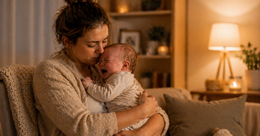 Erschöpfte Mutter hält ihr weinendes Baby abends im Arm in einem warm beleuchteten Wohnzimmer.