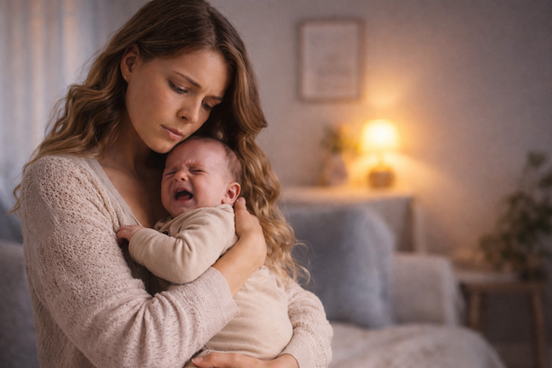 Erschöpfte Mutter hält am Abend ihr weinendes Neugeborenes im Arm in einem warm beleuchteten Raum<br />
