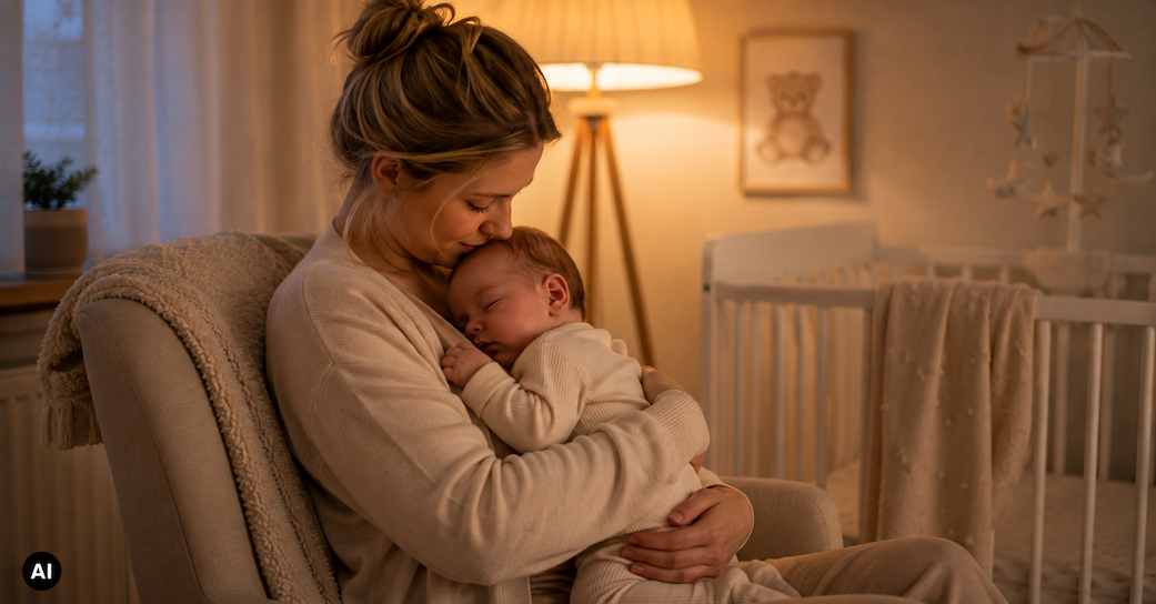 Mama begleitet Baby liebevoll beim Einschlafen