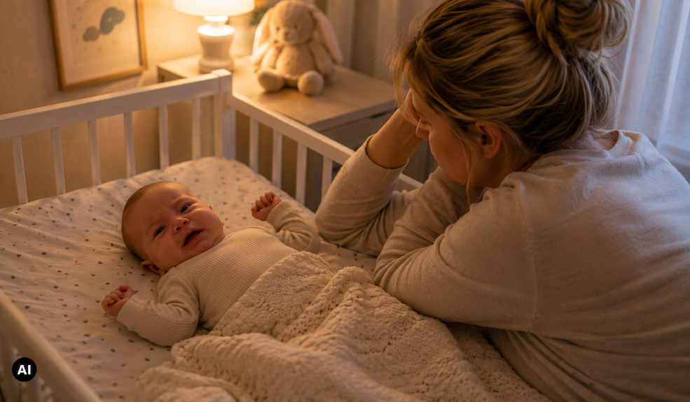 Baby liegt abends wach und unruhig im Bett