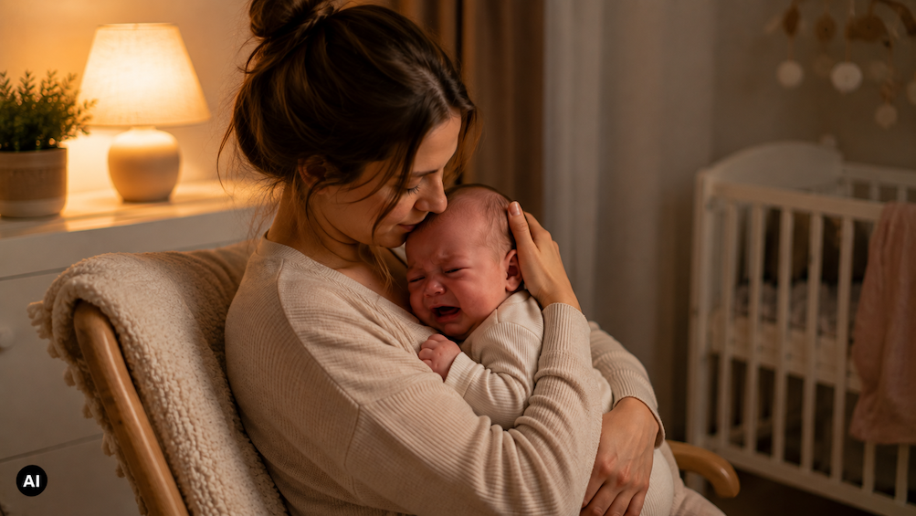 Mama hält weinendes Baby liebevoll beim Einschlafen