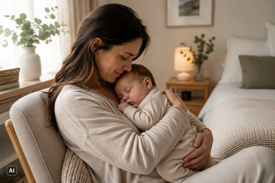 Mama hält schlafendes Baby liebevoll auf dem Arm