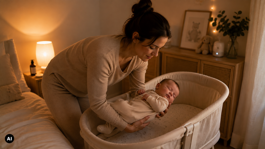 Mama legt schlafendes Baby vorsichtig ins Bettchen