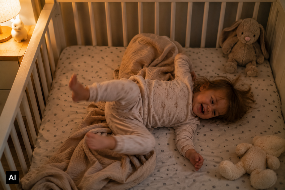 Kleinkind liegt abends wach im Bett