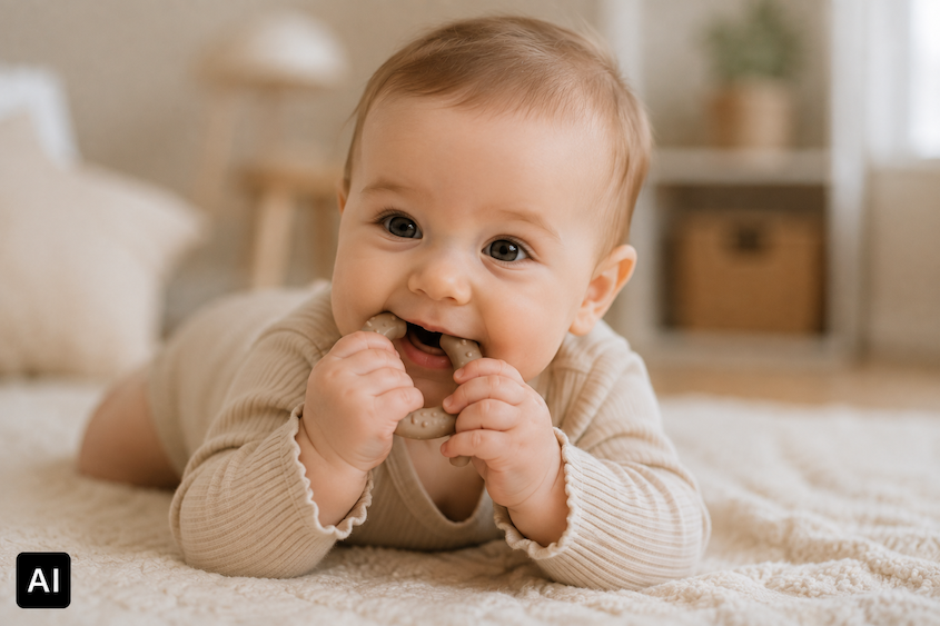 Baby kaut auf Beißring während des Zahnens