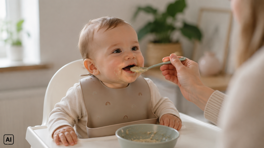 Baby isst erste Beikost mit Löffel