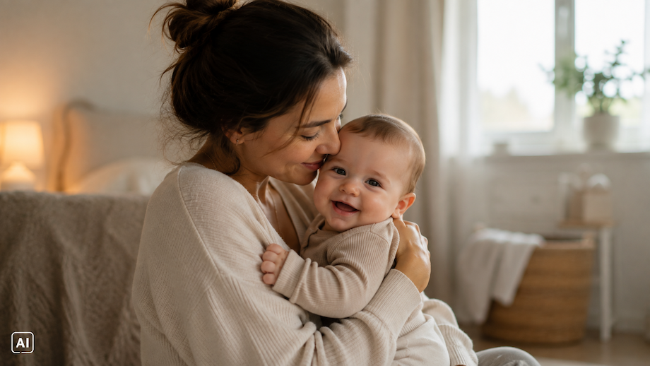 Mama trägt liebevoll ihr 6 Monate altes Baby