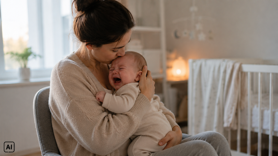 Weinendes Baby wird liebevoll von Mama getröstet