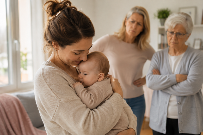 Mama hält ihr Baby selbstbewusst und liebevoll
