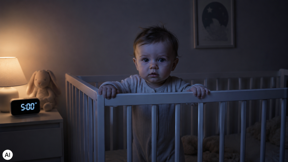 Mama mit Baby ganz früh am Morgen bei dämmrigem Licht