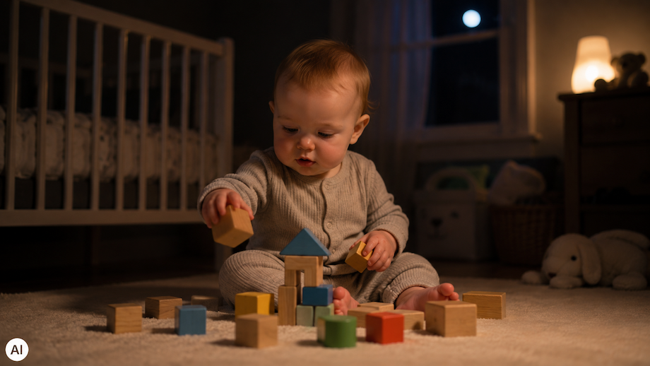 Baby liegt nachts hellwach mit großen Augen im Dunkeln
