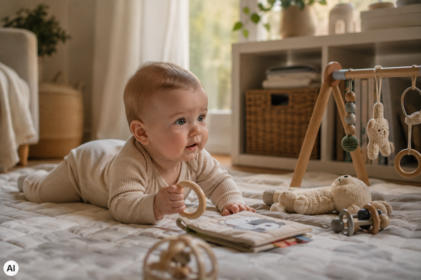 6 Monate altes Baby entdeckt aufmerksam seine Umgebung